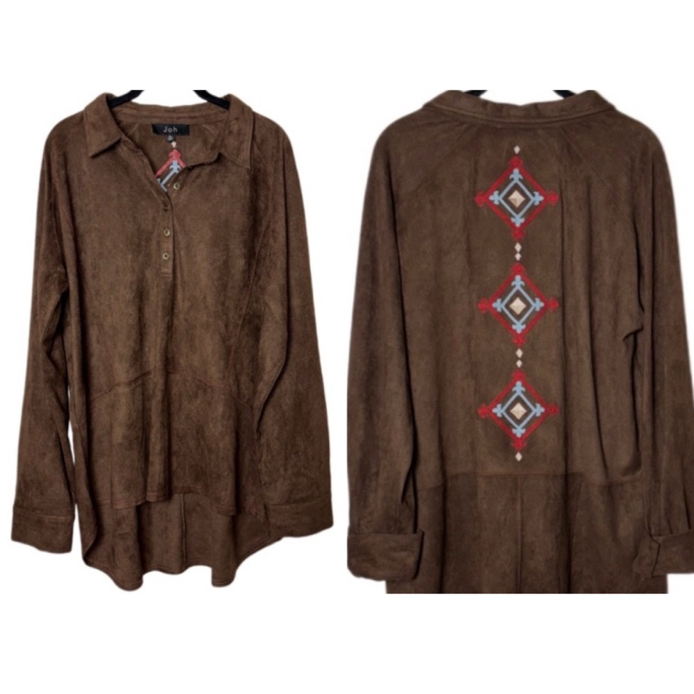 Joh Brown Faux Suede Top Embroidered Southwestern Aztec Tunic Women's XL Boho